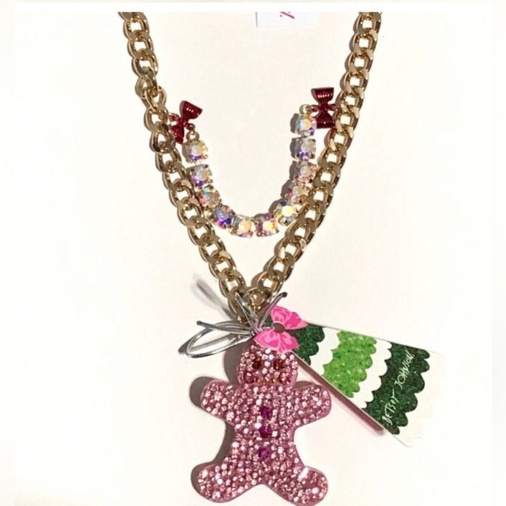 Betsey Johnson gold plated pink rhinestone Gingerbread man ornament necklace new